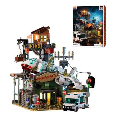 2076PCS Wrecked Plane Pharmacy Building Blocks Set MOC City Street View Bricks Model Desktop Ornament DIY Assembly Toys For Birthday Christmas Gifts