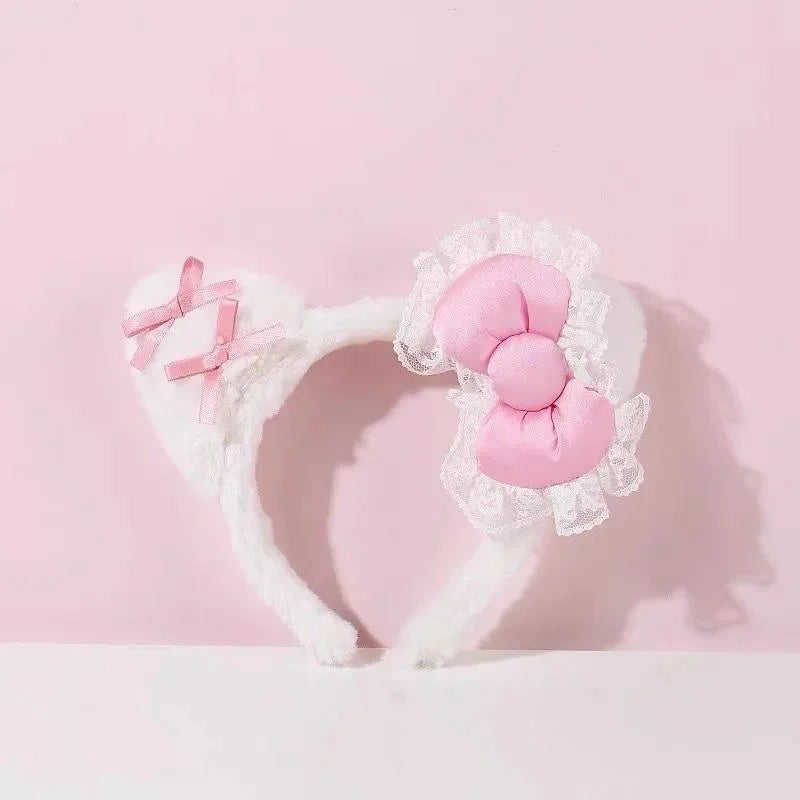 Kawaii Hello Kitty Plush Hairband My Melody Kuromi Pink Black Bow Plush Headband Cosplay Halloween Costume Hair Accessory Gift