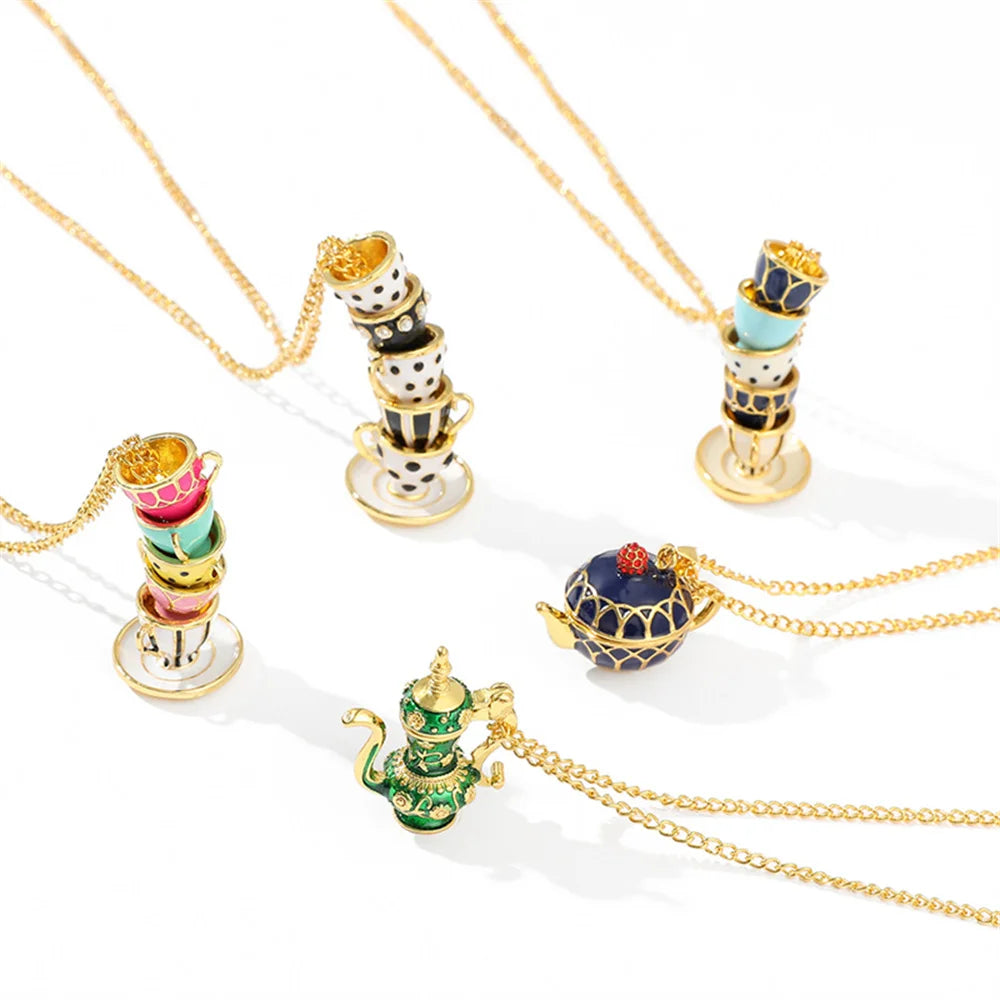 Tea Cup Charming Sweater Pendant Necklace for Women Plated Gold Choker Chain Necklace Simple Gothic Choker Accessories