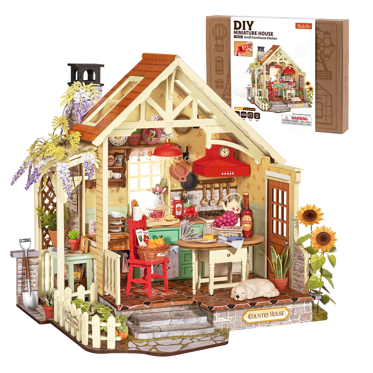 Rolife DIY Miniature House Kit 438-piece Sunlit Farmhouse Kitchen Wooden Dollhouse 3D Puzzle Tiny House Model Building Kit with LED Light Home Decor Gift for Adults Kids