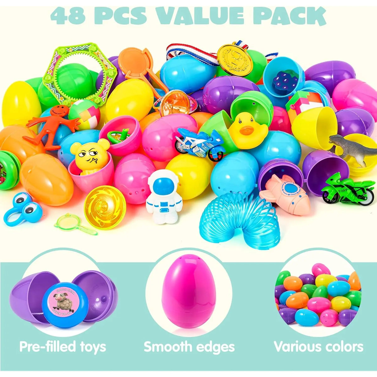 JOYFY 48Pcs Easter Eggs with Toys Inside Prefilled Easter Eggs with Popular Assorted Toys for Boys Girls Basket Stuffers Filler