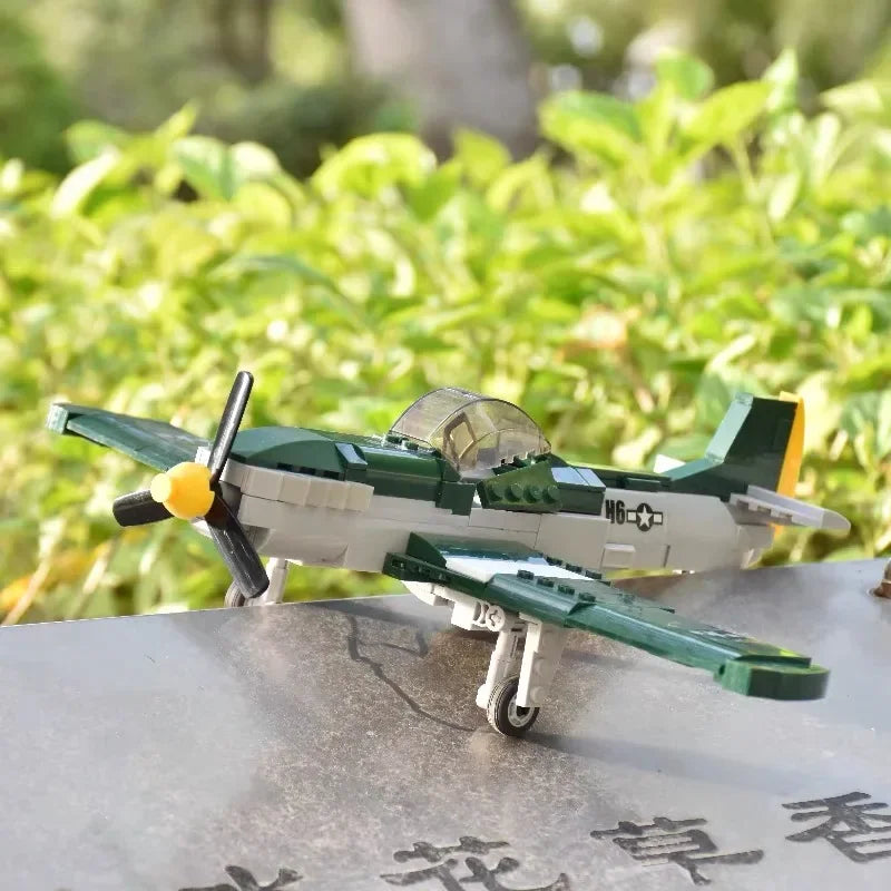 SLuban MOC WW2 Series Normandy Landing P-51 Mustang Fighte Building Blocks Higgins Landing Craft Modle Bricks Tank Toys For Kids