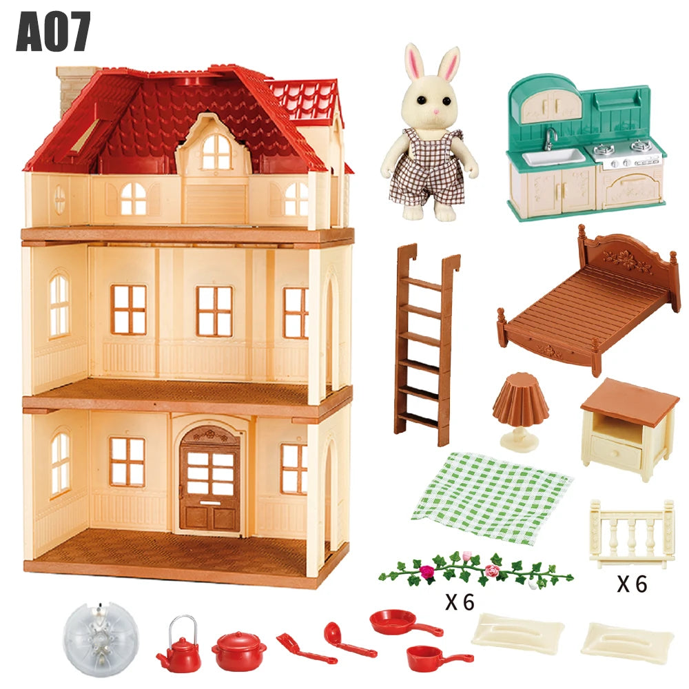 Simulation Kitchen Forest Family Small House Double Three- Story Villa Reindeer  Animal Model Girl Dollhouse Furniture Toy Gifts