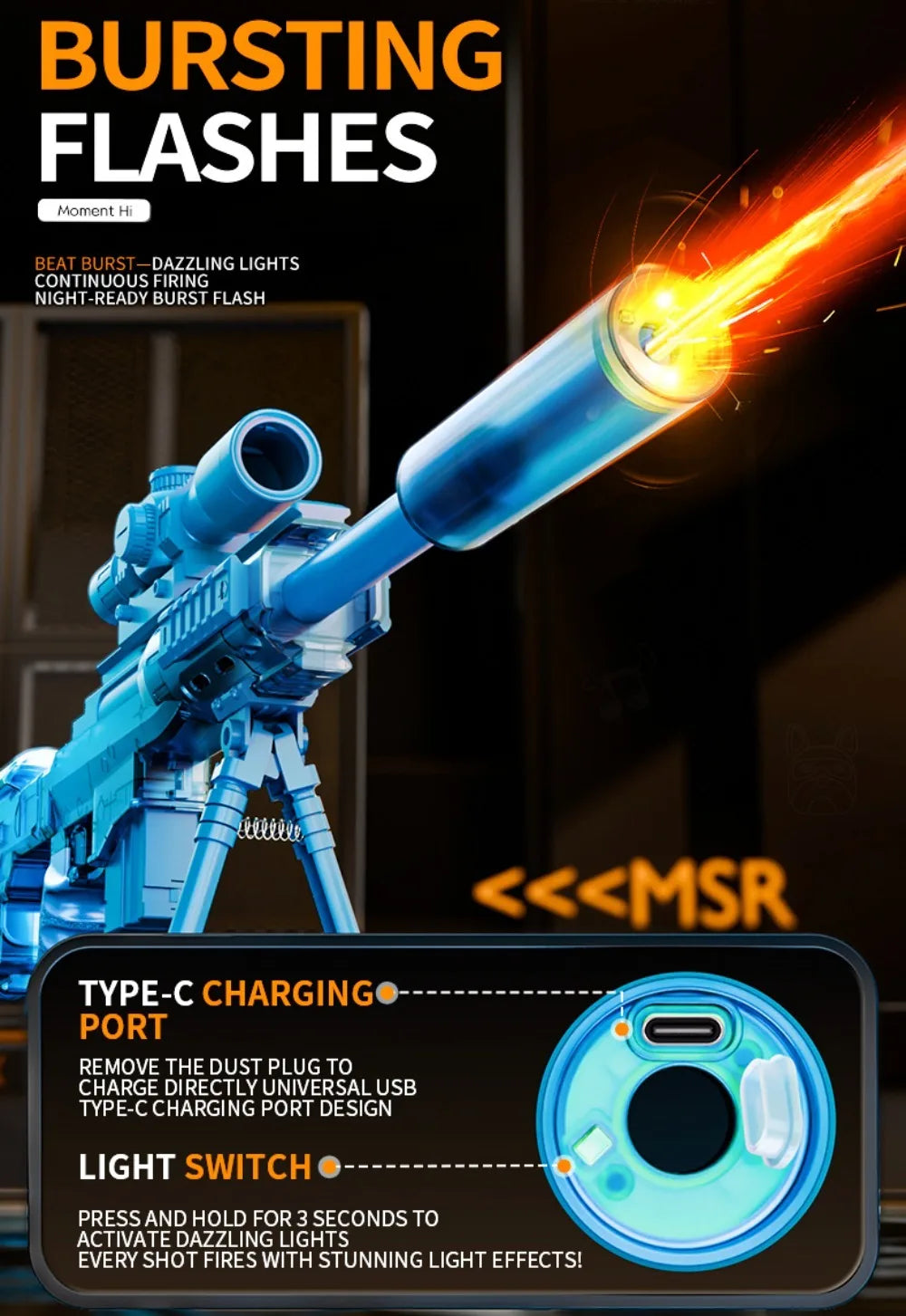 Full Auto Electric Water Gun Toy with Flashing Light Rapid-Fire Motorized Blaster for Summer Outdoor Fun & Kids Play Game