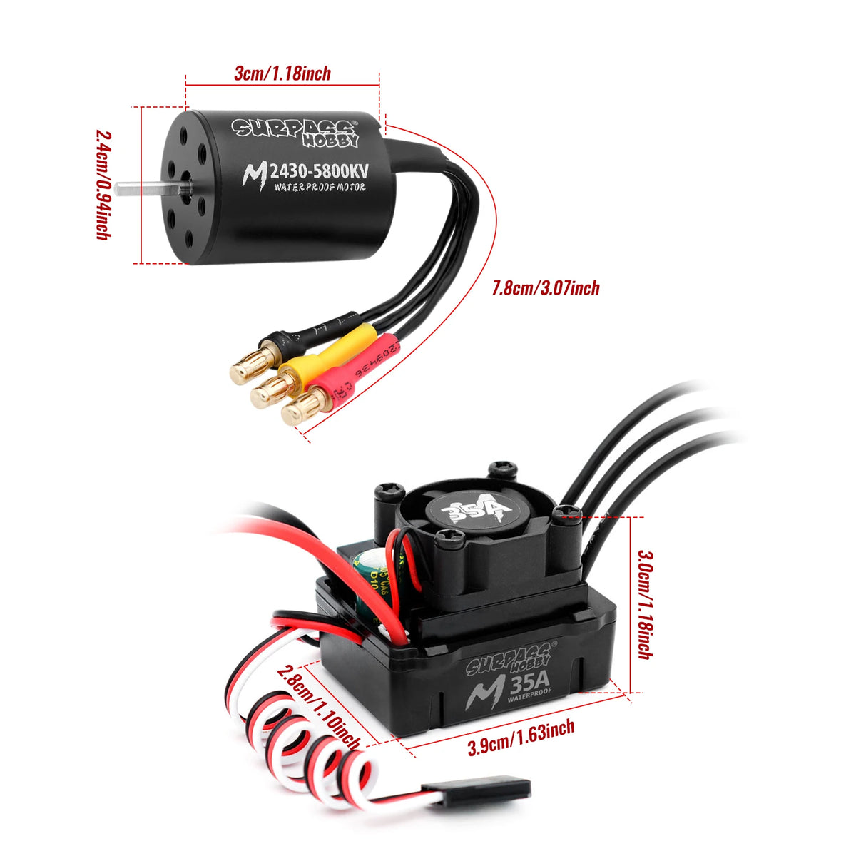 Surpass Hobby 2430 5800KV Brushless Motor with 35A Waterproof ESC Combo, Sensorless Motor ESC Upgrade for 1/18 1/16 1/14 RC Cars & Trucks