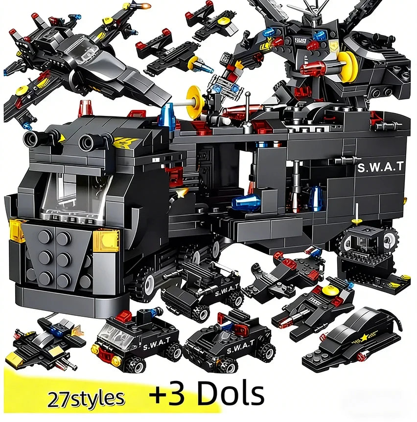 8-in-1 SWAT 585-Piece Set: Police Command Truck and City Helicopter Building Block Kit – Educational Gift Toys