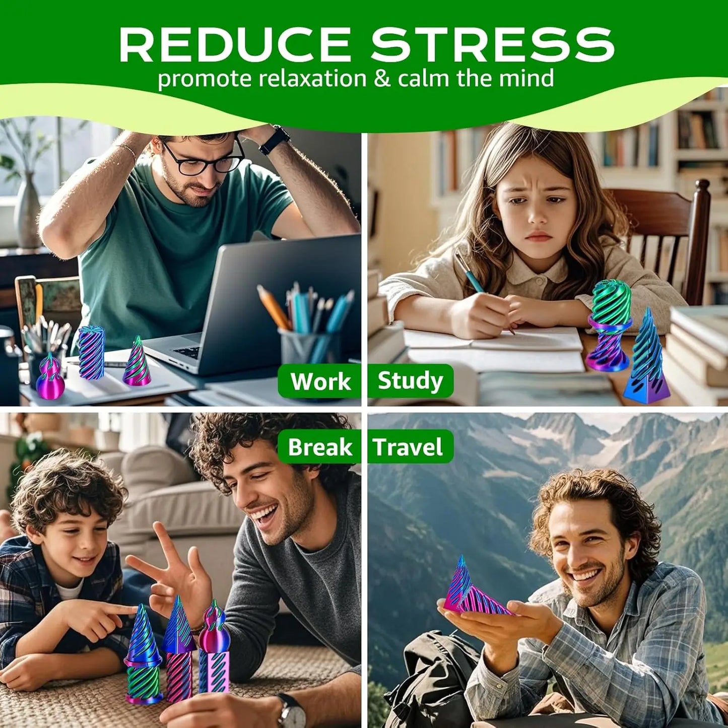 6 Pack Spiral Cone Fidget Toys 3D Printed Impossible Passthrough Pyramid Pillar Gourd Helix Screw Toys for Anxiety Relaxing
