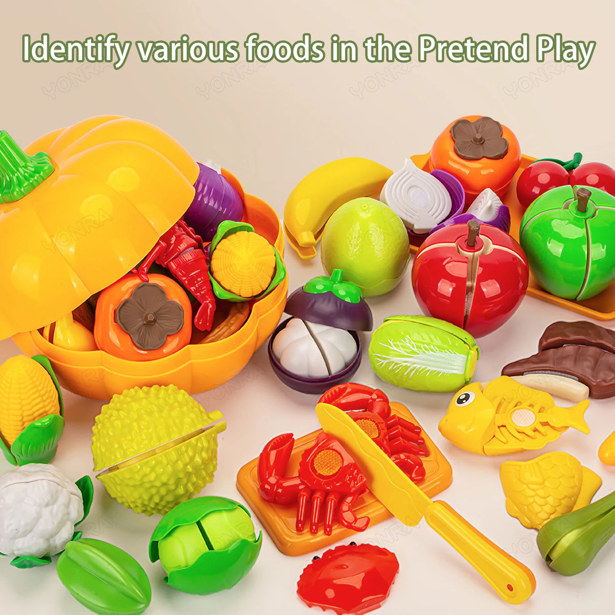 Cutting Play Food Toy for Kids Kitchen Pretend Fruit &Vegetables Accessories with Shopping Storage Basket Toy for Toddler Gift