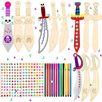 216PCS unfinished DIY wooden pirate knife set, wooden handmade painting crafts, suitable for various parties, party gifts