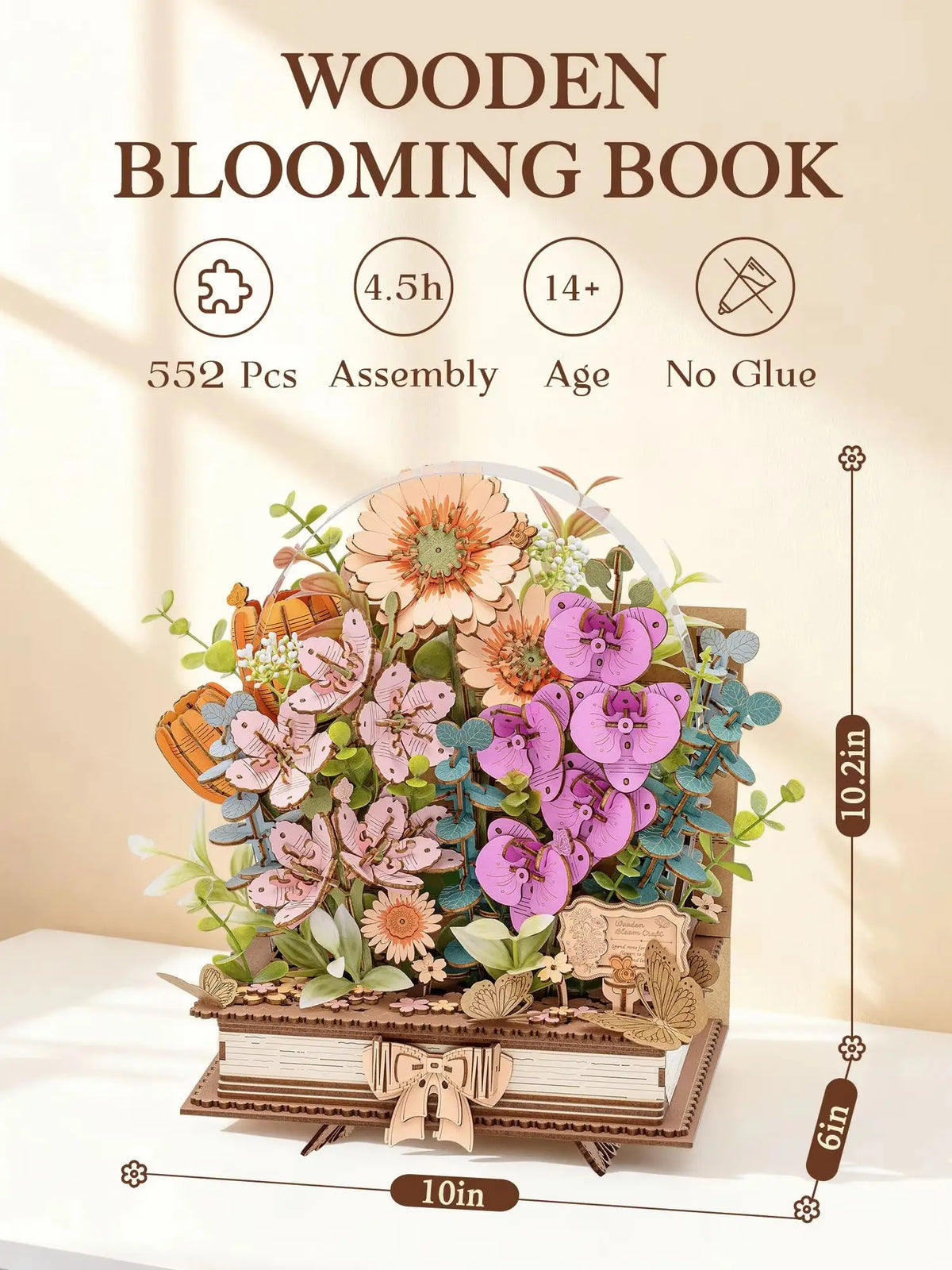 Rolife 3D Puzzle Wooden Blooming Book DIY Artificial Flower Bouquet Model Building Kit for Home Decor Wedding Mother's Day Valentine's Day Gift for Women Adults