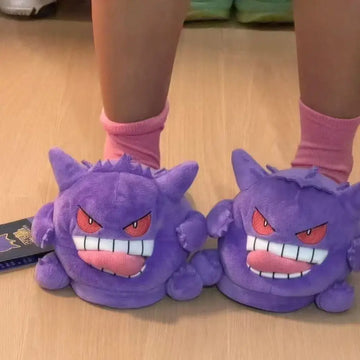Autumn Winter Warm Cotton Plush Slippers Purple Cartoon Spirit Design Non Slip Indoor Home Shoes Unisex Household Footwear