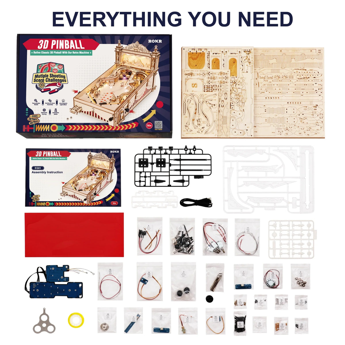 ROKR 3D Pinball Machine Wooden 3D Puzzle DIY Pinball Game Model Building Kit Brain Teasers Jigsaw Toys Birthday Gift for Adults Teens