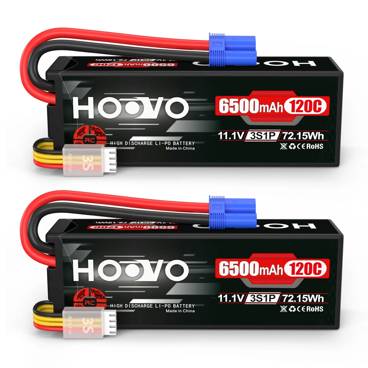 2PCS HOOVO 3S Lipo Battery 11.1V 6500mAh 120C RC Lipo Batteries Hard Case EC5 Plug Compatible with 1/8 1/10 Scale Vehicles Car