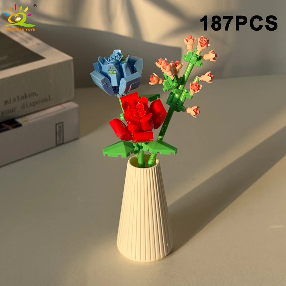 HUIQIBAO MOC Eternal Flower Bouquet with pot Micro Building Block Sunflower Rose Mini Model Brick Toy home Desk Decoration