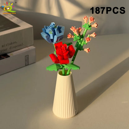 HUIQIBAO MOC Eternal Flower Bouquet with pot Micro Building Block Sunflower Rose Mini Model Brick Toy home Desk Decoration