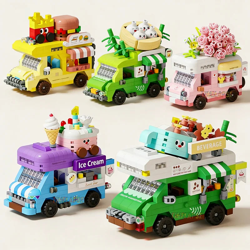 NEW DIY Coffee Car Buns Food Truck Ice Cream Store Flower Street View Building Blocks Kit Bricks Model Toy