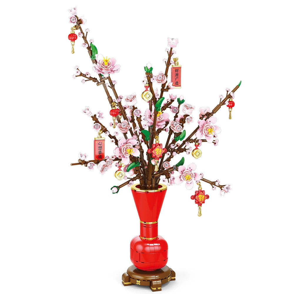 City Creativity Flower Bouquet Plum Blossom Bonsai Potted Plant Building Blocks Model Home Decoration Toy For Kids Gift﻿
