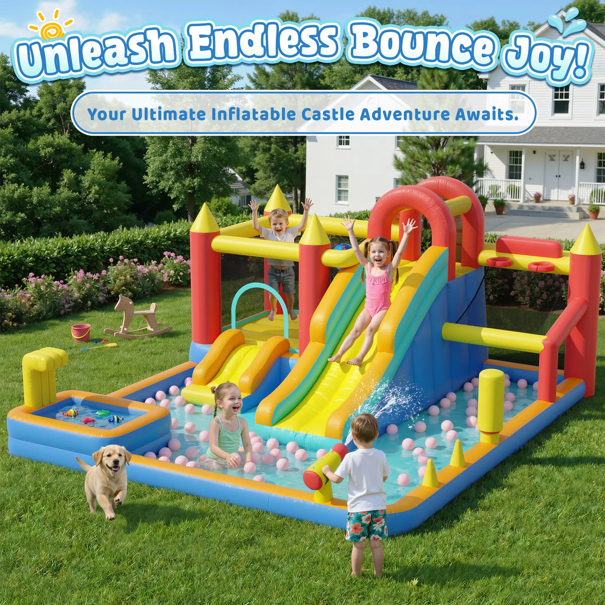 Jump 'N Slide Inflatable Bouncer for Kids, Heavy Duty Blower, Stakes Repair Patches Storage Bag, Indoor Outdoor Bounce House