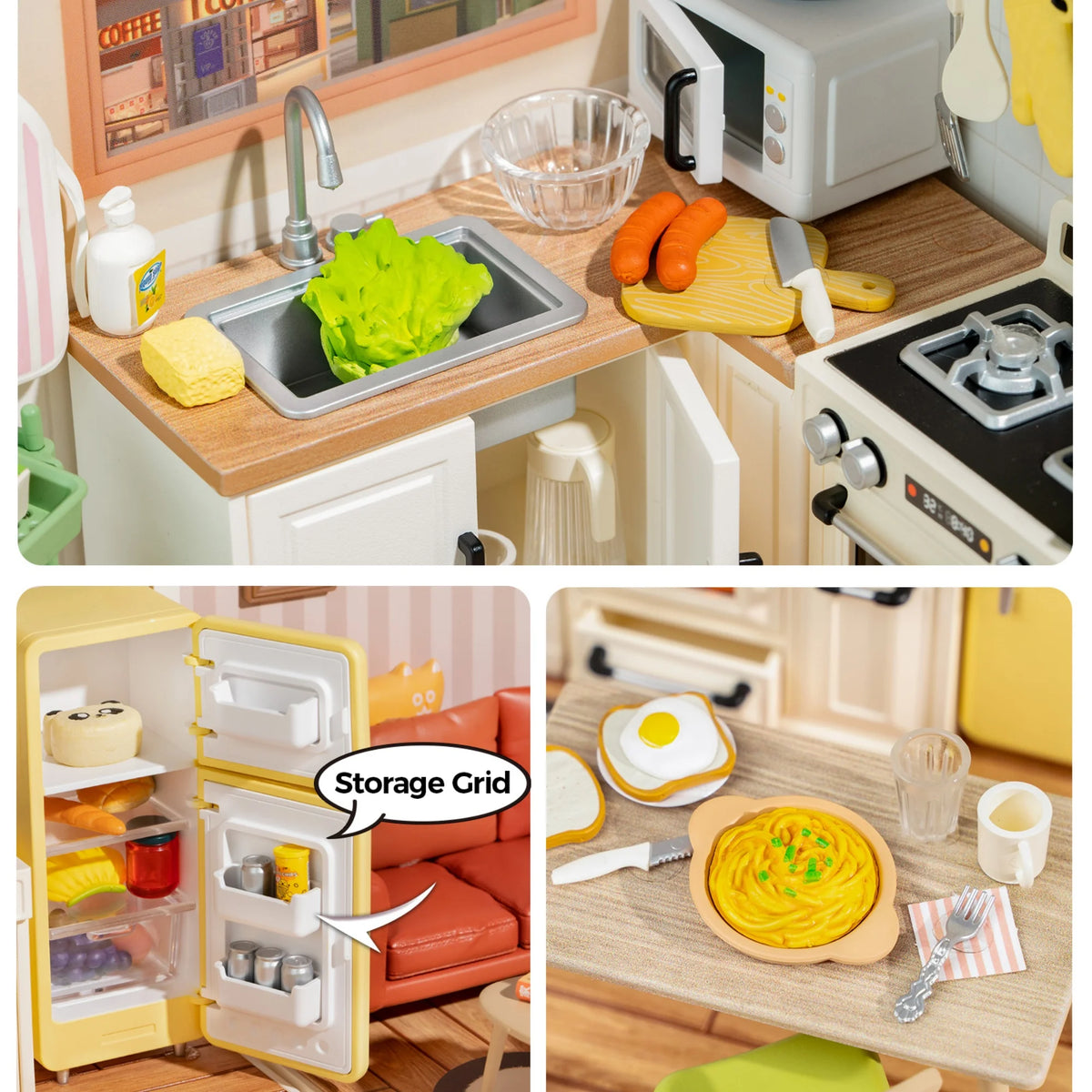 Rolife DIY Miniature House Kit Happy Meals Kitchen Super Creator Dollhouse 3D Puzzle Model Building Kit with LED for Desk Decor
