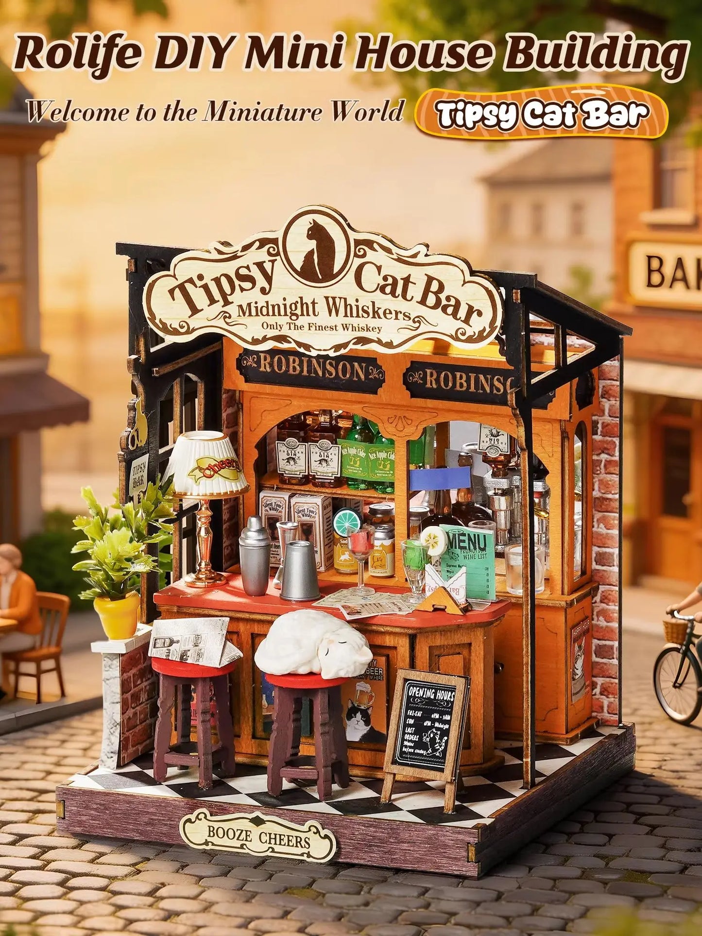 Rolife DIY Miniature House Kit Tipsy Cat Bar Mini Dollhouse Model Building Kit Wooden 3D Puzzle Toys with LED Light for Home Decor Gift for Adults Kids Friends