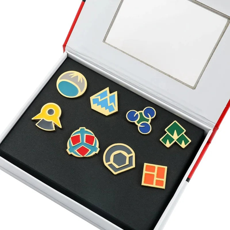 Pocket Monster Trainer Gym Badges Collection Kanto Johto Hoenn Unova Kalos Orange Islands Pins Brooches Toy for Collectors