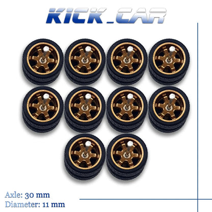 1/64 Wheels with Fixed Black Rubber Tires Six Spoke for Toy Model Diecast Cars Refitting Parts for MINIGT (5 Sets for 5 Cars)