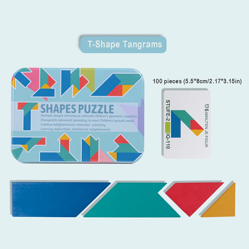 Creative colorful Iron Box Tangram, Children's Early Education, Heart / Egg-Shaped Nine Tangrams, Wooden DIY Large Puzzle Toy