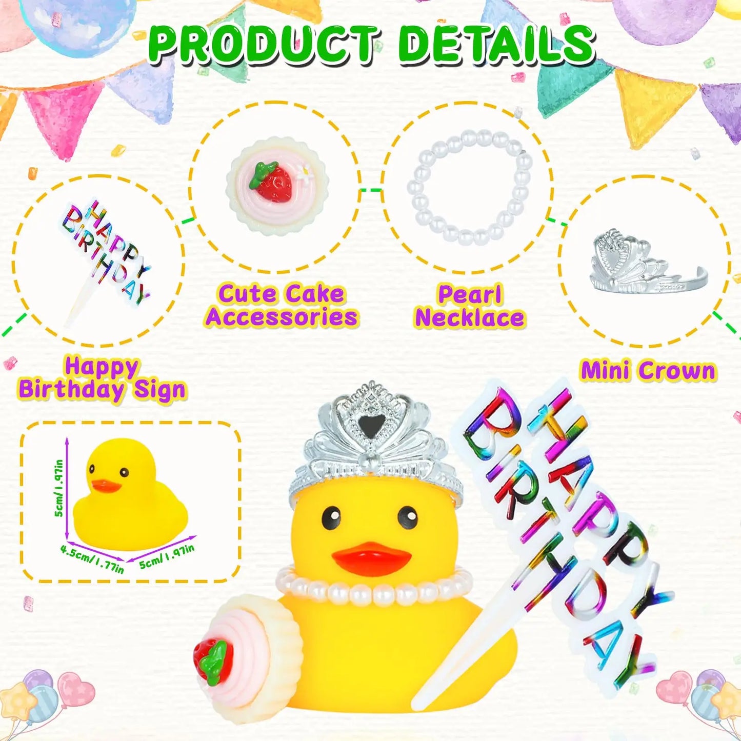 Rubber Ducks with Happy Birthday Sign Party Favors Duck with mini Cupcake Accessory, Pearl Necklace and Crown