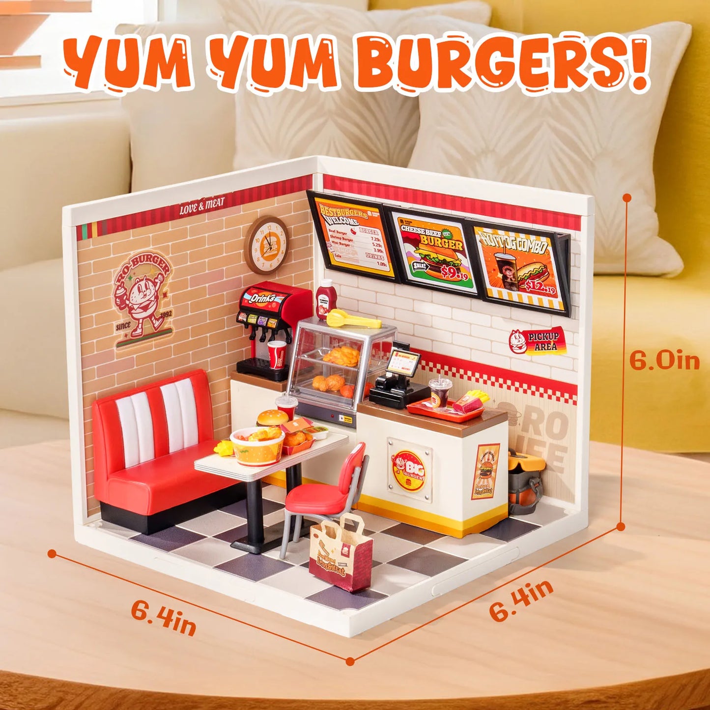 Rolife DIY Miniature House Kit Yum Yum Burgers Super Creator Dollhouse 3D Puzzle Model Building Kit with LEDLight for Desk Decor