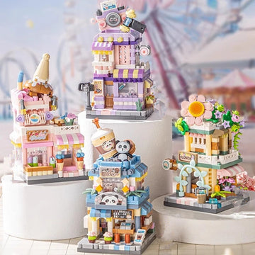 Mini ABS Self-Locking Bricks Street View Blocks Panda Coffee Ice Cream Flower Shop DIY Toy for Kids Girls Birthday Gift