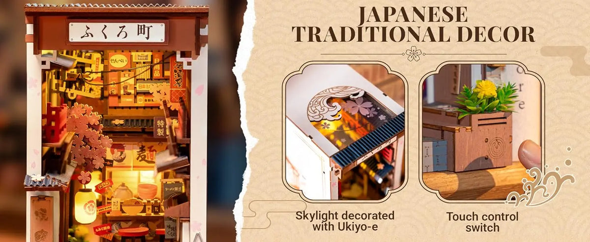 Robotime Sakura Wine Alley DIY Booknook with Lights DIY Miniature Dolls House Kit 3D Wooden Puzzle Bookend Bookshelf Decor Gift