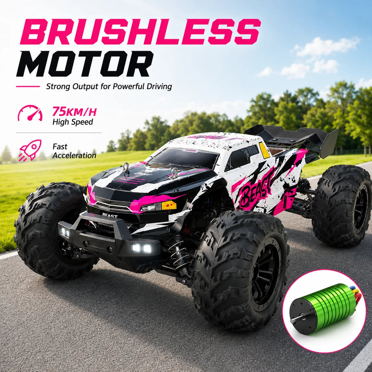 ZNLYRION 4WD Brushless RC Off-Road Monster Truck 2.4GHz 3-Speed Adjustable Remote Control Car with LED Headlights, All Terrain Big Tire Hobby RC Vehicle 2 Rechargeable Batteries RTR Toy for Adults Teens