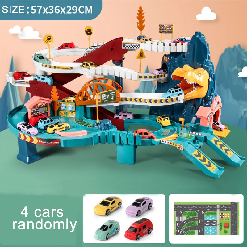Electric Rail Car Dinosaur Building Parking Lot Adventure Racing Rail Car Toys Children Brain Mechanical Interactive Rail Cars