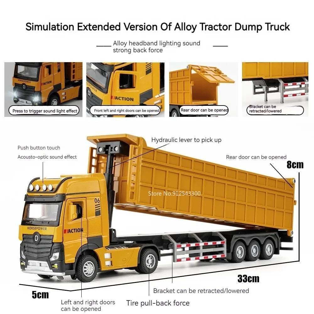 1/50 Extended Dump Truck Model Toy Metal Diecasting Doors Opened Sound Light Pull Back Vehicle Models Ornaments Children's Gifts