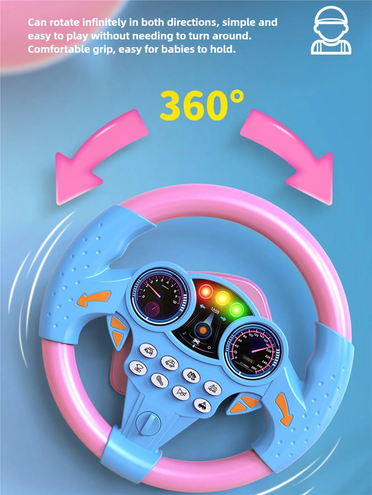 Children's Steering Wheel Toy, Simulated Co-Pilot 360-Degree Rotating Music Steering Wheel, Educational Enlightenment Toy