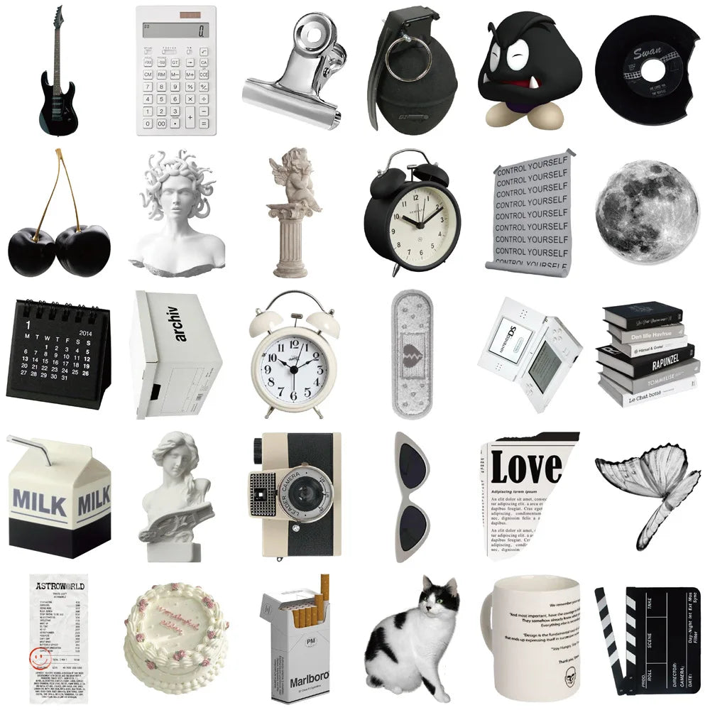 61PCS Ins Style Apathy Black White Simple Decals Cute Stickers Aesthetic Phone Notebook Suitcase Laptop Fridge Wall Sticker