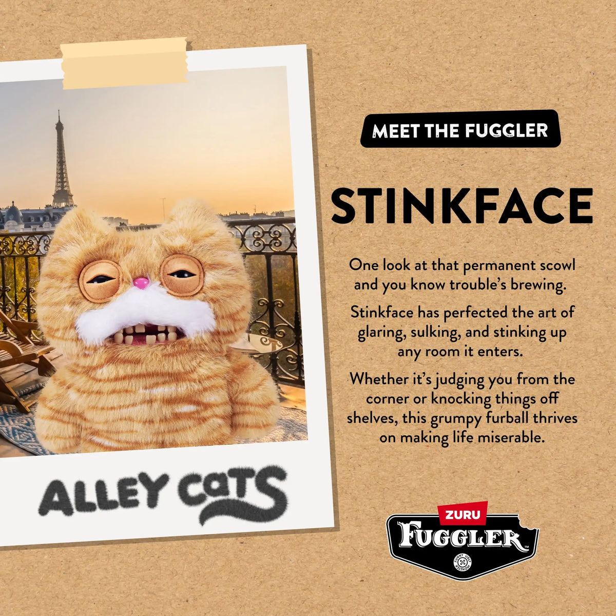 Fuggler Alley Cats Plush Toy Soft Plushies Cute Cartoon Doll Funny Ugly Teeth Monster Stuffed Animal Toy（Wrinkle McStinkles）22CM