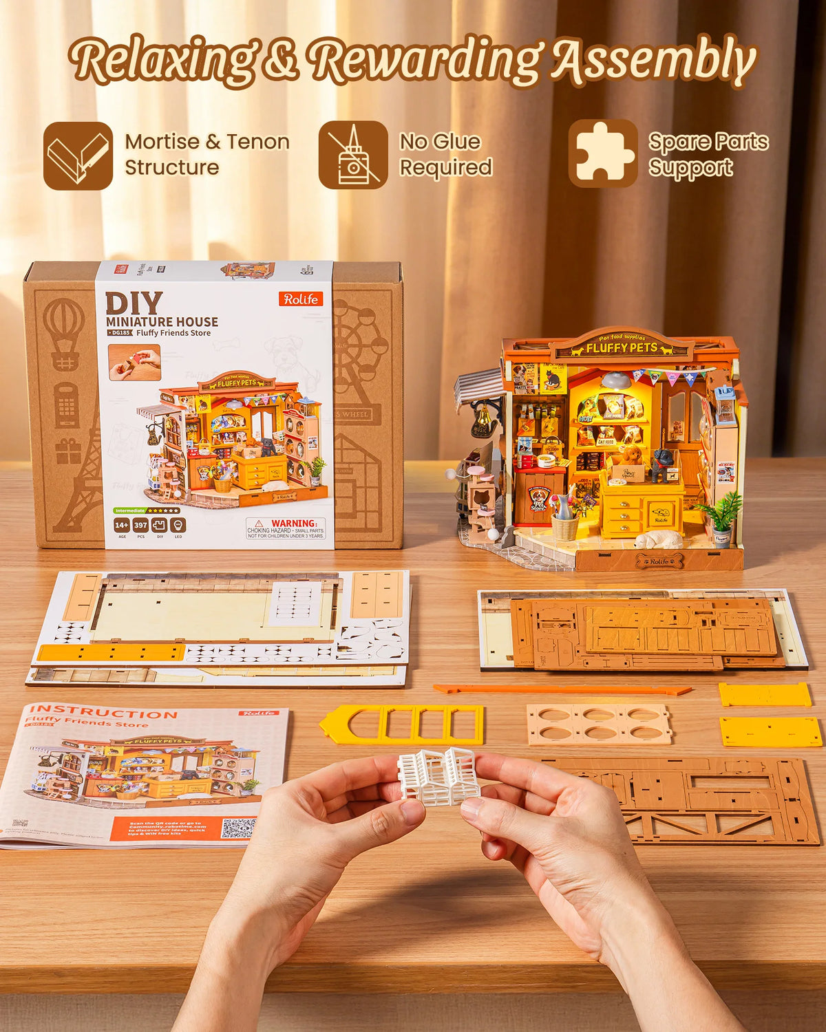 Rolife DIY Miniature House Kit Pet Store Dollhouse Wooden 3D Puzzle Model Building Kit with LED Light for Home Decor Suitable for Adults and Kids