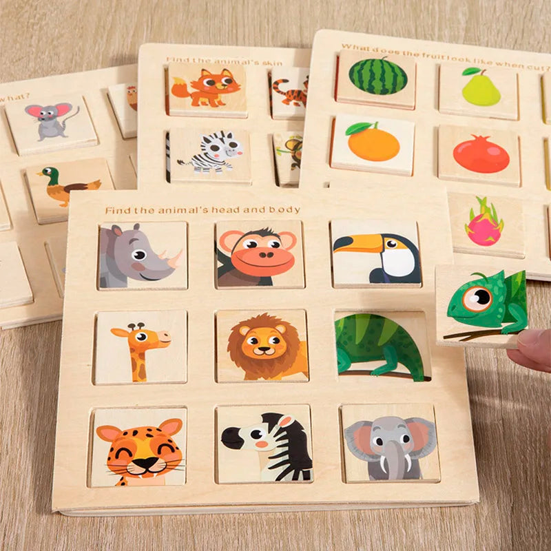 Wooden Logical Thinking Matching Puzzle Cognitive Board Montessori Teaching Aid Fruit Animal Pairing Board Educational Toys