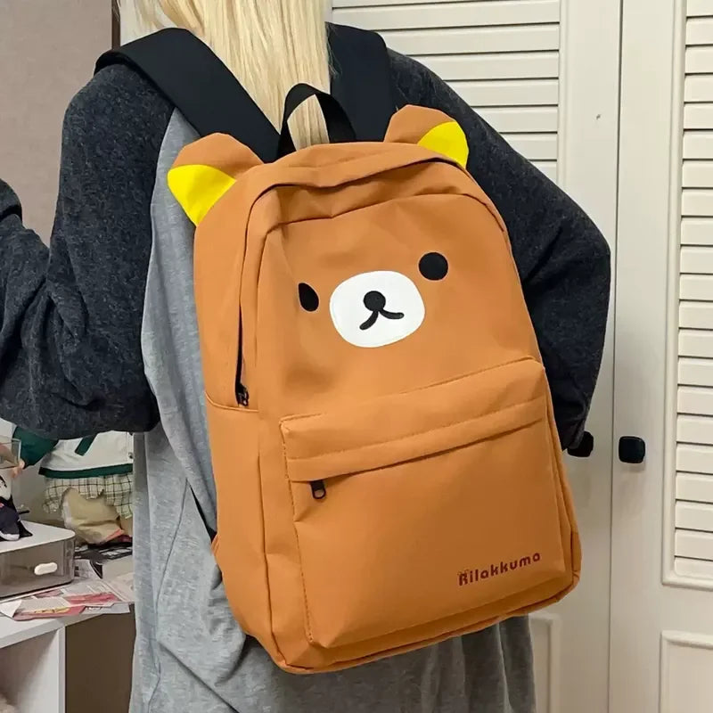 Kawaii Cartoon Rilakkuma Korilakkuma Embroidery Waterproof Nylon Backpack Large Capacity Student School Bag For Girls Boys