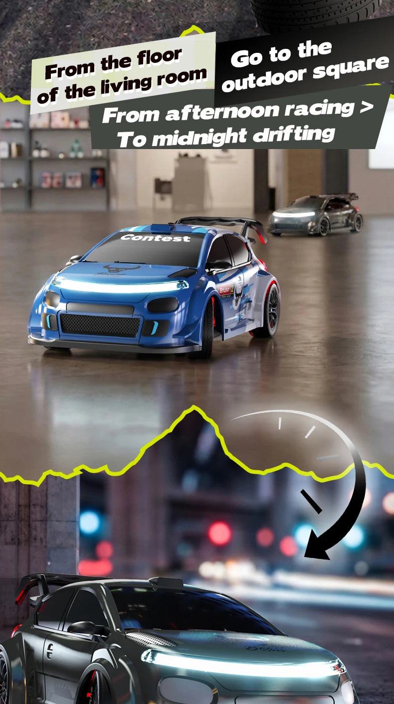1:24 Scale 4WD Drift RC Car 2.4G Remote Pearl Finish Large Tail Fin Replaceable Racing Drift Wheel Front Rear LED Light Toy Car
