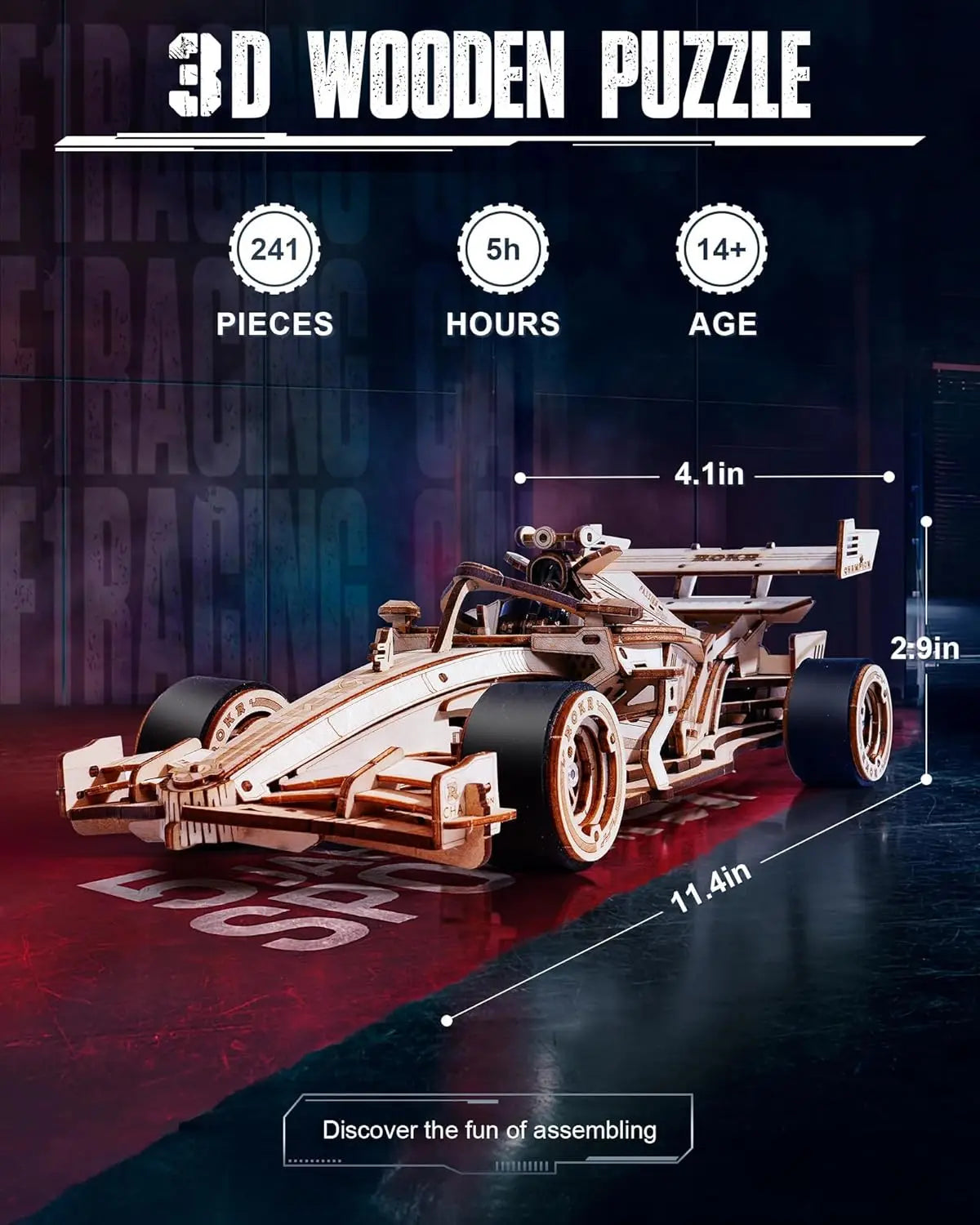 ROKR 3D Wooden Puzzle Formula Racing Car Mechanical Model Building Kit 1:18 Scale 241-piece Puzzle Toys for Adult to Build Ideal Gift for Boys Men