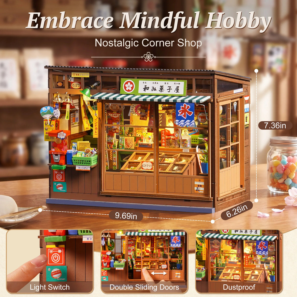Rolife Nostalgic Corner Shop DIY Book Nook Kit with Sliding Door Wooden Dollhouse 3D Puzzle with LED Light for Bookshelf Decor