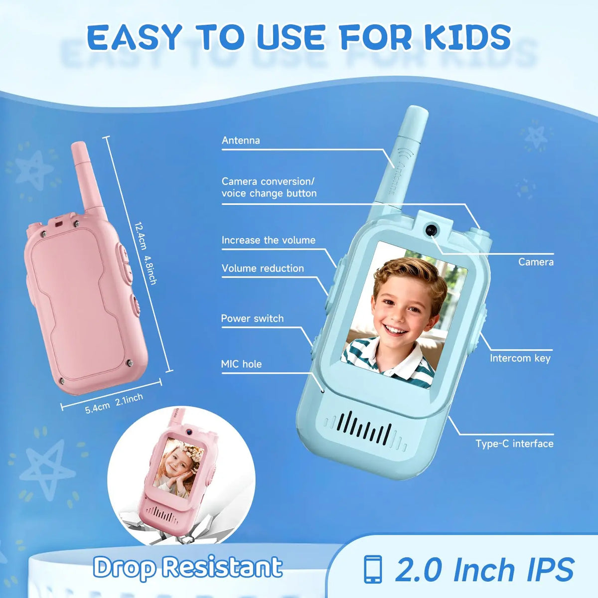 2PCS  Video Walkie Talkies for Kids Rechargeable Toddler Toys  for Indoor Camping Travel  Birthday Gfits for Kids Ages 3-12