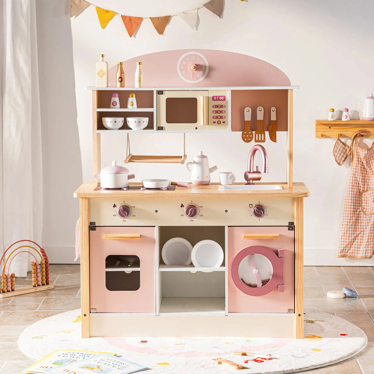 Robud Kids Wooden Pink Play Kitchen All in 1 Corner Set Includes Oven Refrigerator Washer Perfect Birthday Gift for Little Chefs