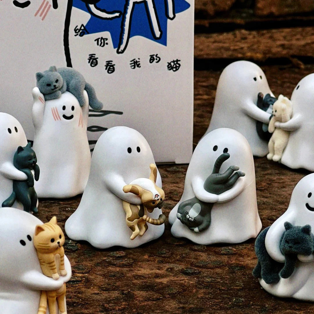 Behold My Cat Ghost Blind Box Glow In The Dark Mini Resin Figurine Cute Ghost With Cat Desktop Ornament Healing Surprise Gifts