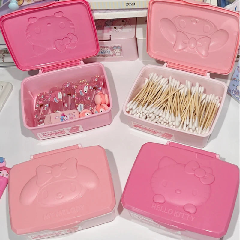 Sanrio Hello Kitty Melody Storage Box Cartoon Kt Cat Flip Cover Cotton Swabs Cotton Pads Stationery Organisation Boxs Gifts
