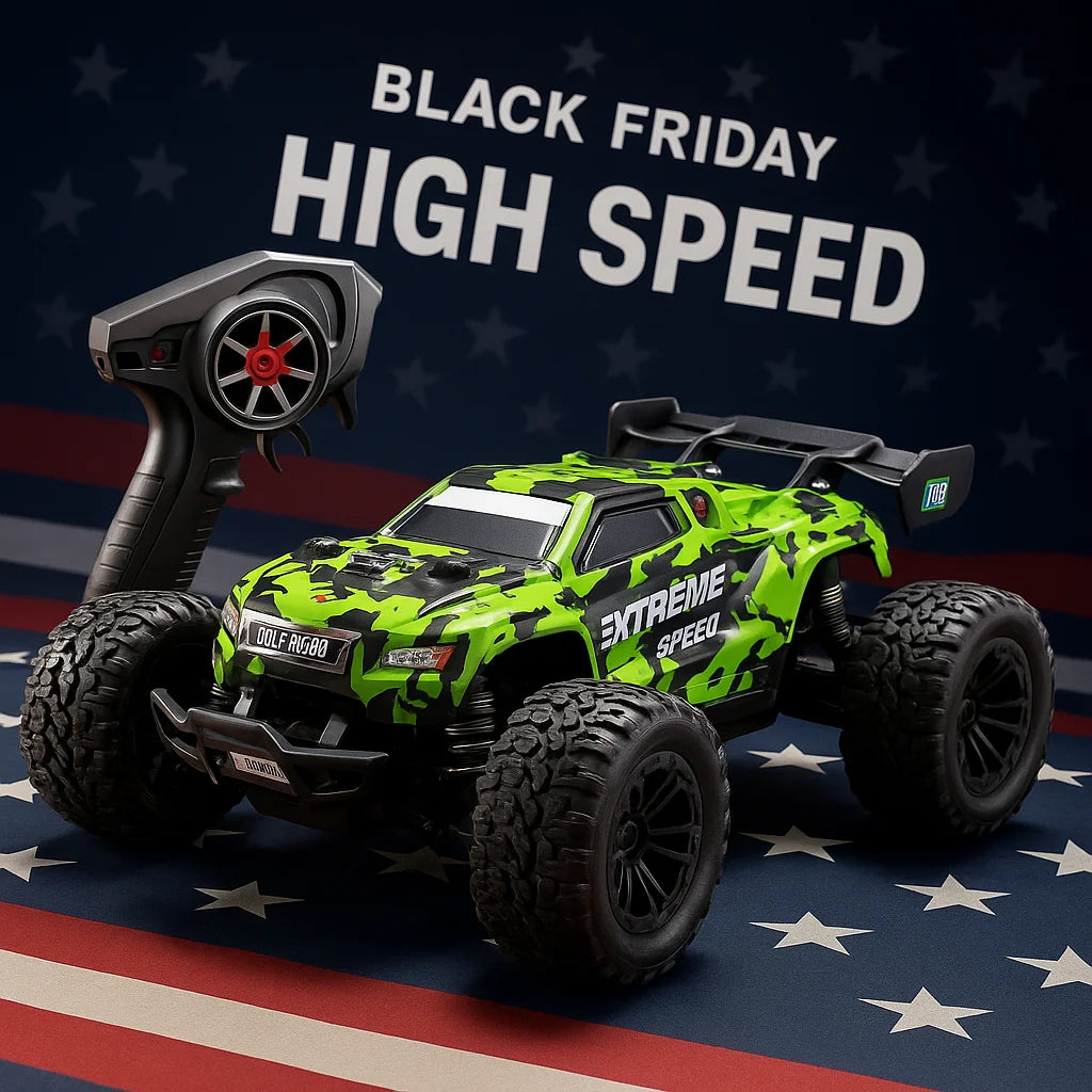 Hot RC High-Speed Off-Road Car for Kids & Adults - Alloy Green/Red, LED Headlights, Red Remote Control. Perfect for Indoor & Out