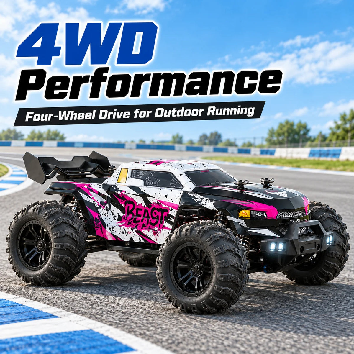 ZNLYRION 4WD Brushless RC Off-Road Monster Truck 2.4GHz 3-Speed Adjustable Remote Control Car with LED Headlights, All Terrain Big Tire Hobby RC Vehicle 2 Rechargeable Batteries RTR Toy for Adults Teens