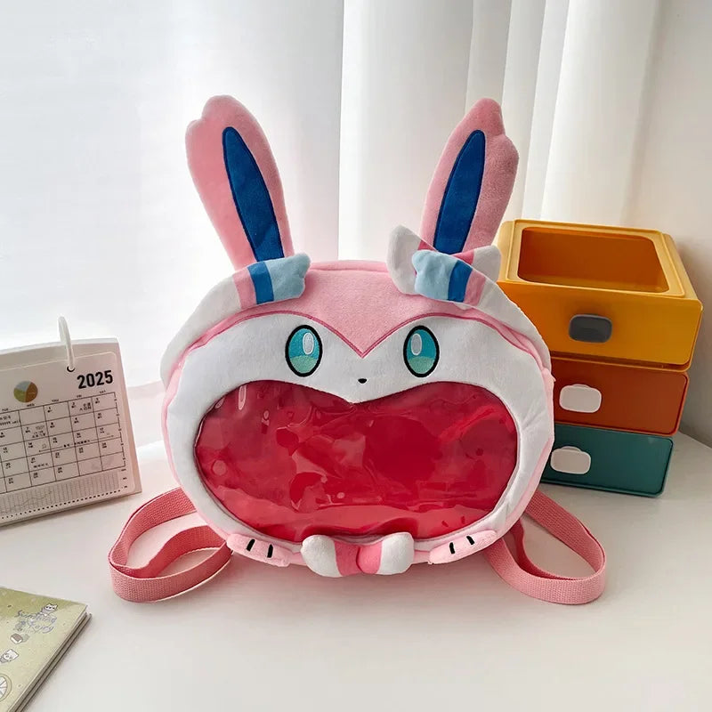 Lovely Sylveon Pink Plush Ita Backpack Clear Window Pin Badge Card Display Adjustable Strap Anime Shoulder Bag for Fans Gift